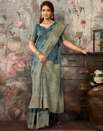 Teal Blue Silk Woven Banarasi Saree