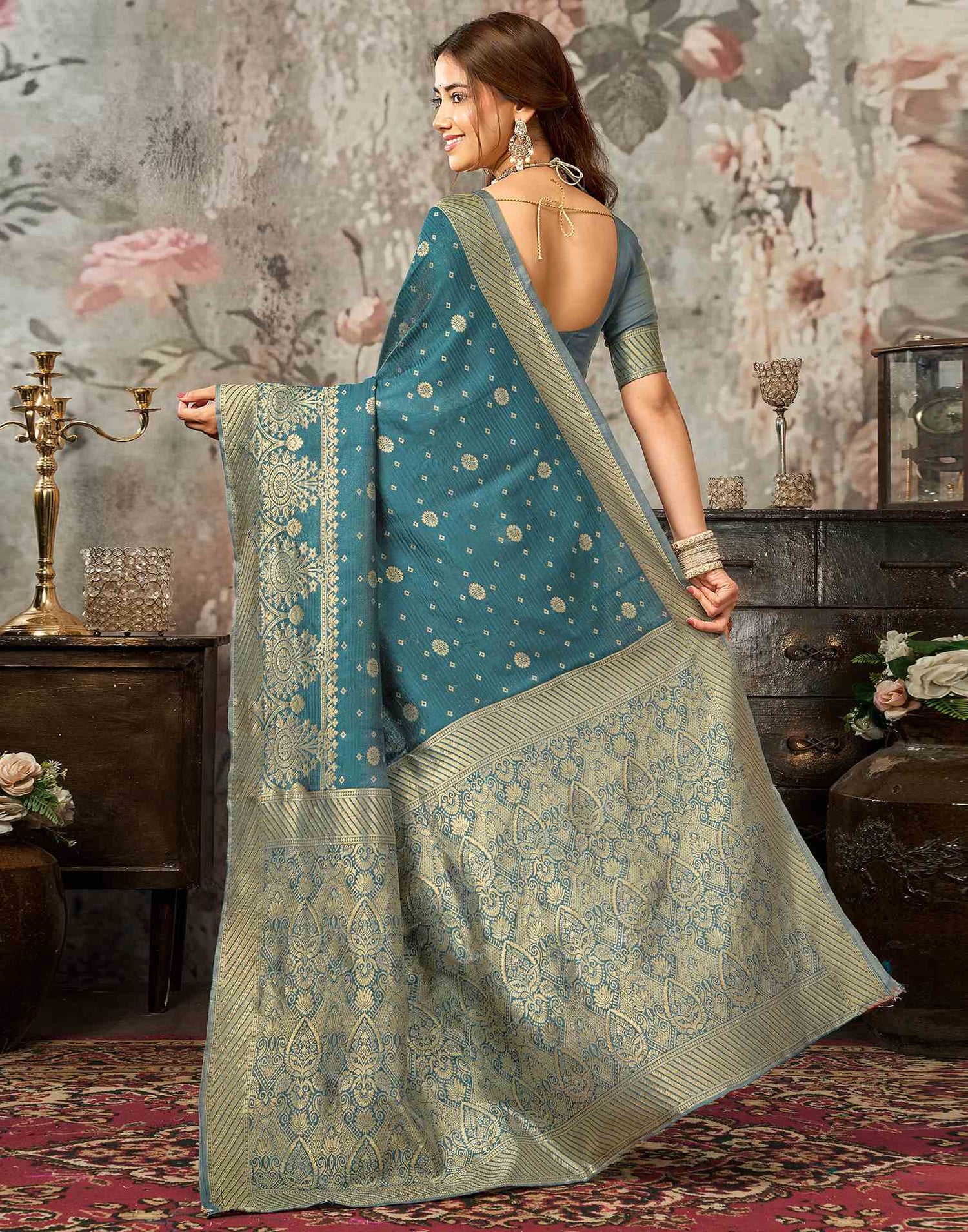 Teal Blue Silk Woven Banarasi Saree