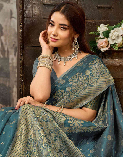 Teal Blue Silk Woven Banarasi Saree