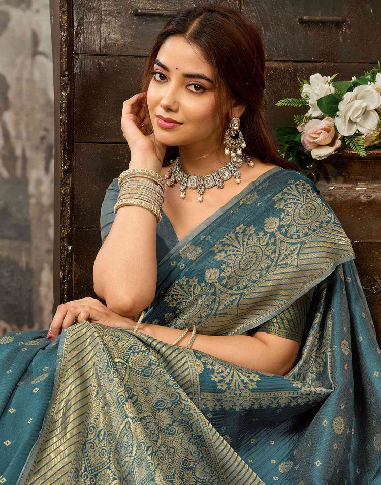 Teal Blue Silk Woven Banarasi Saree