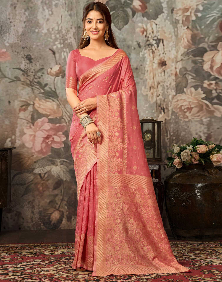 Dark Coral Pink Silk Woven Banarasi Saree