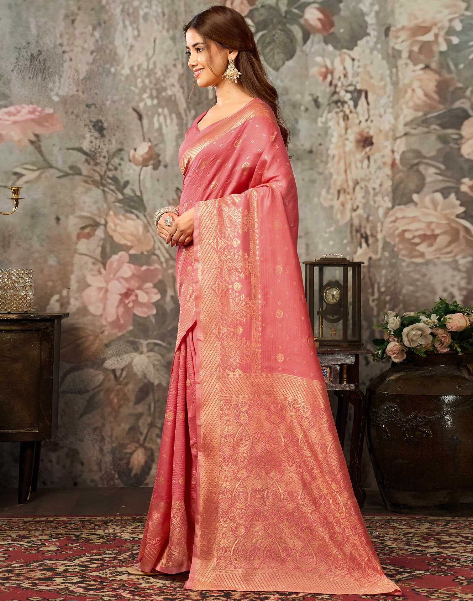 Dark Coral Pink Silk Woven Banarasi Saree