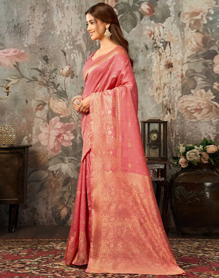Dark Coral Pink Silk Woven Banarasi Saree