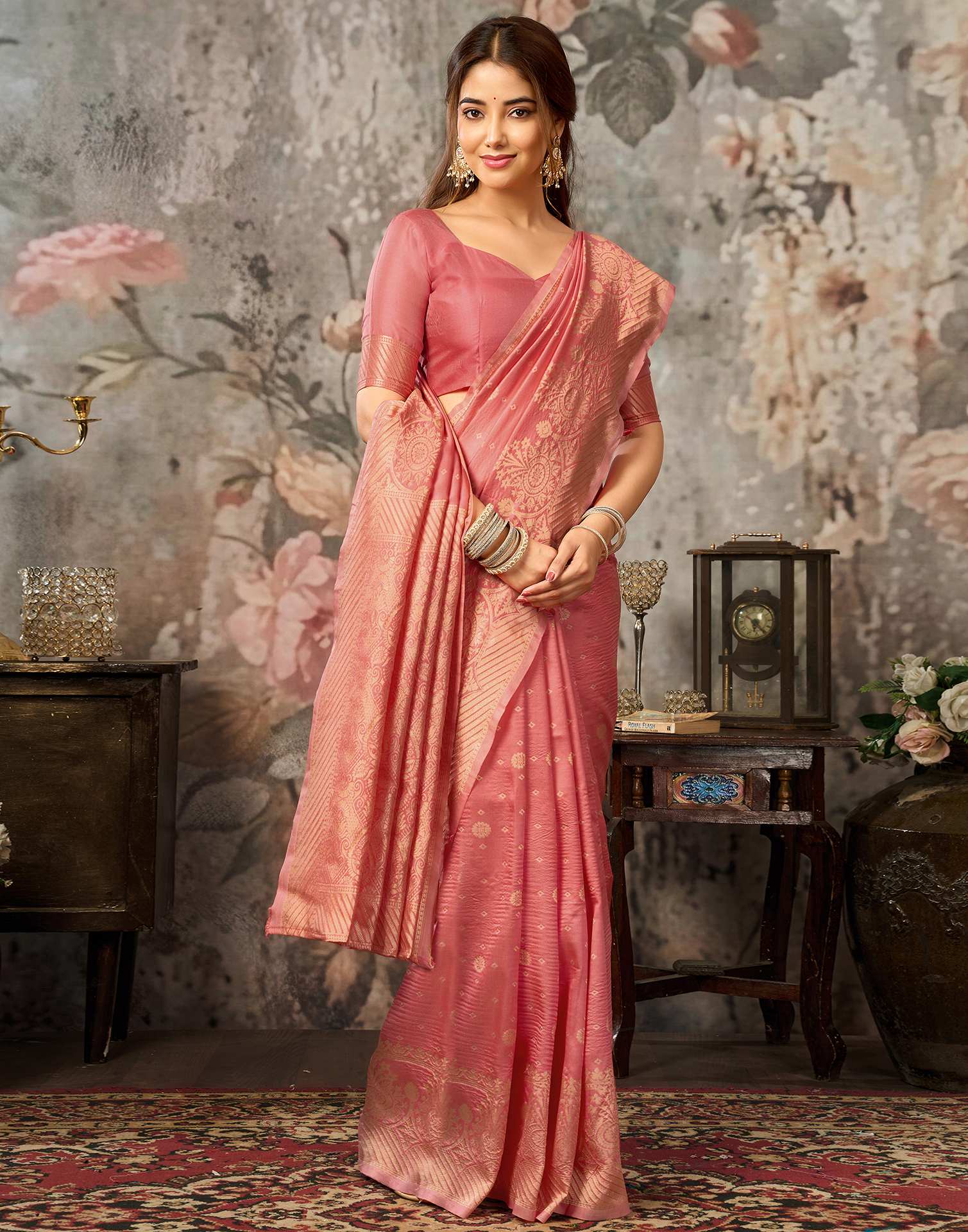 Dark Coral Pink Silk Woven Banarasi Saree