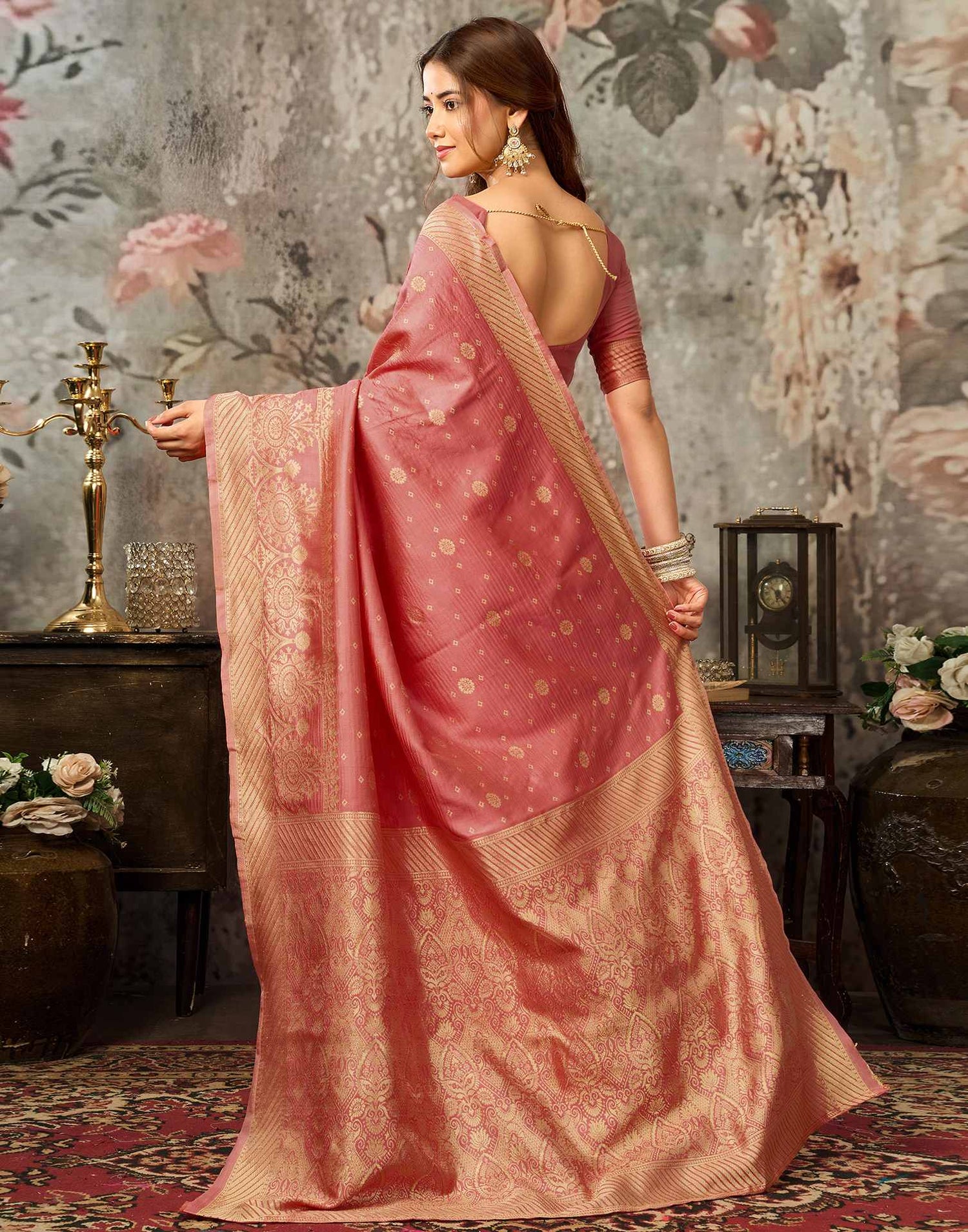 Dark Coral Pink Silk Woven Banarasi Saree