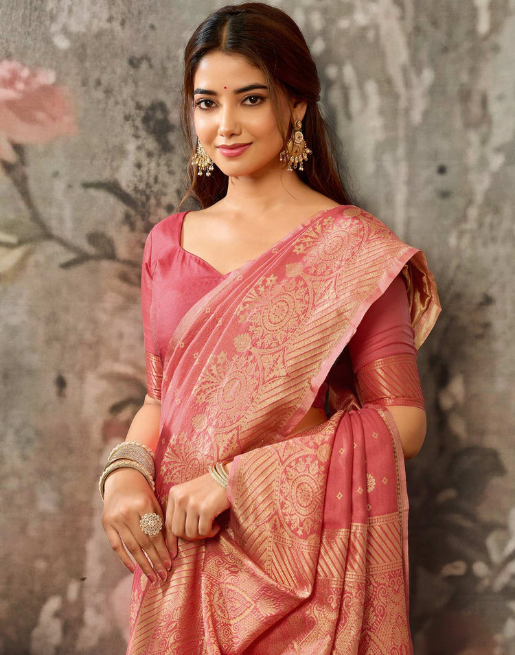 Dark Coral Pink Silk Woven Banarasi Saree
