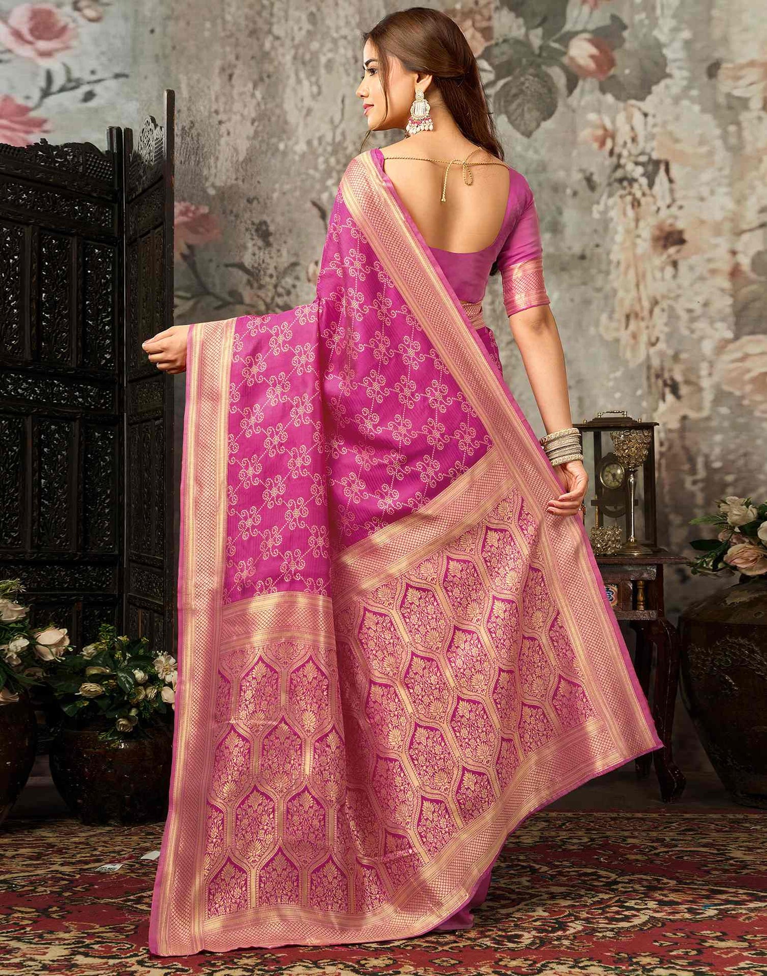 Pink Silk Woven Banarasi Saree