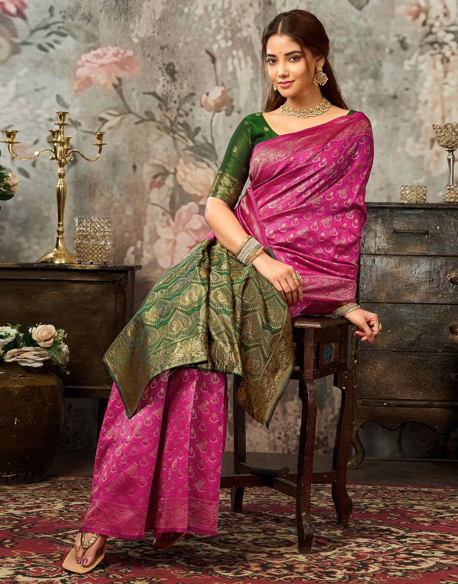 Dark Pink Silk Woven Banarasi Saree
