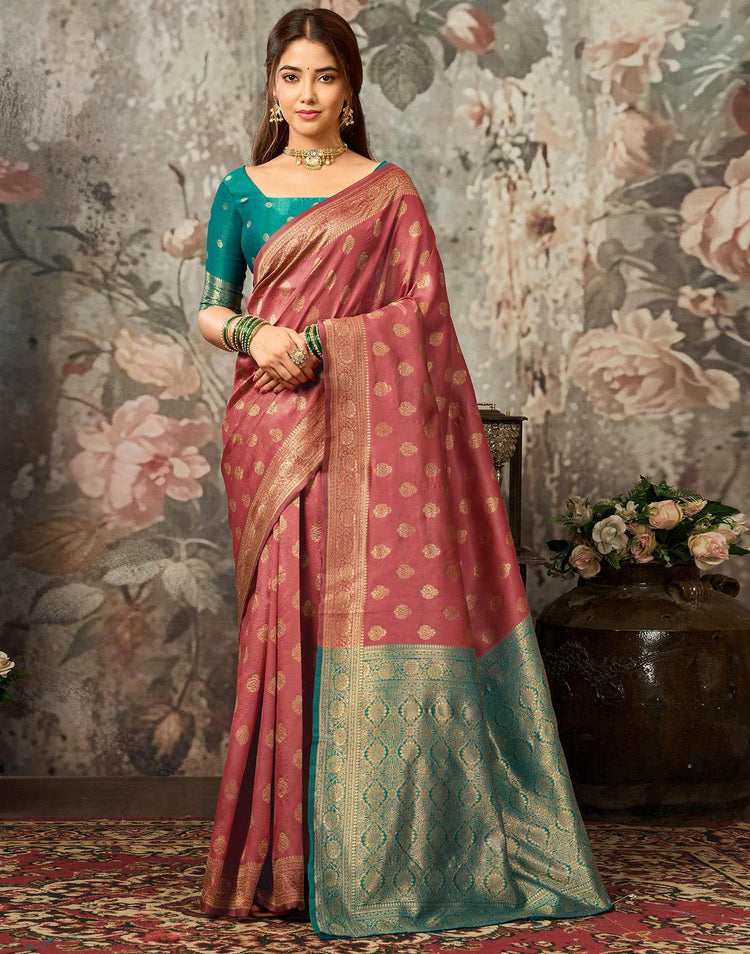 Dark Coral Peach Silk Woven Banarasi Saree