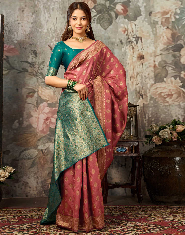 Dark Coral Peach Silk Woven Banarasi Saree