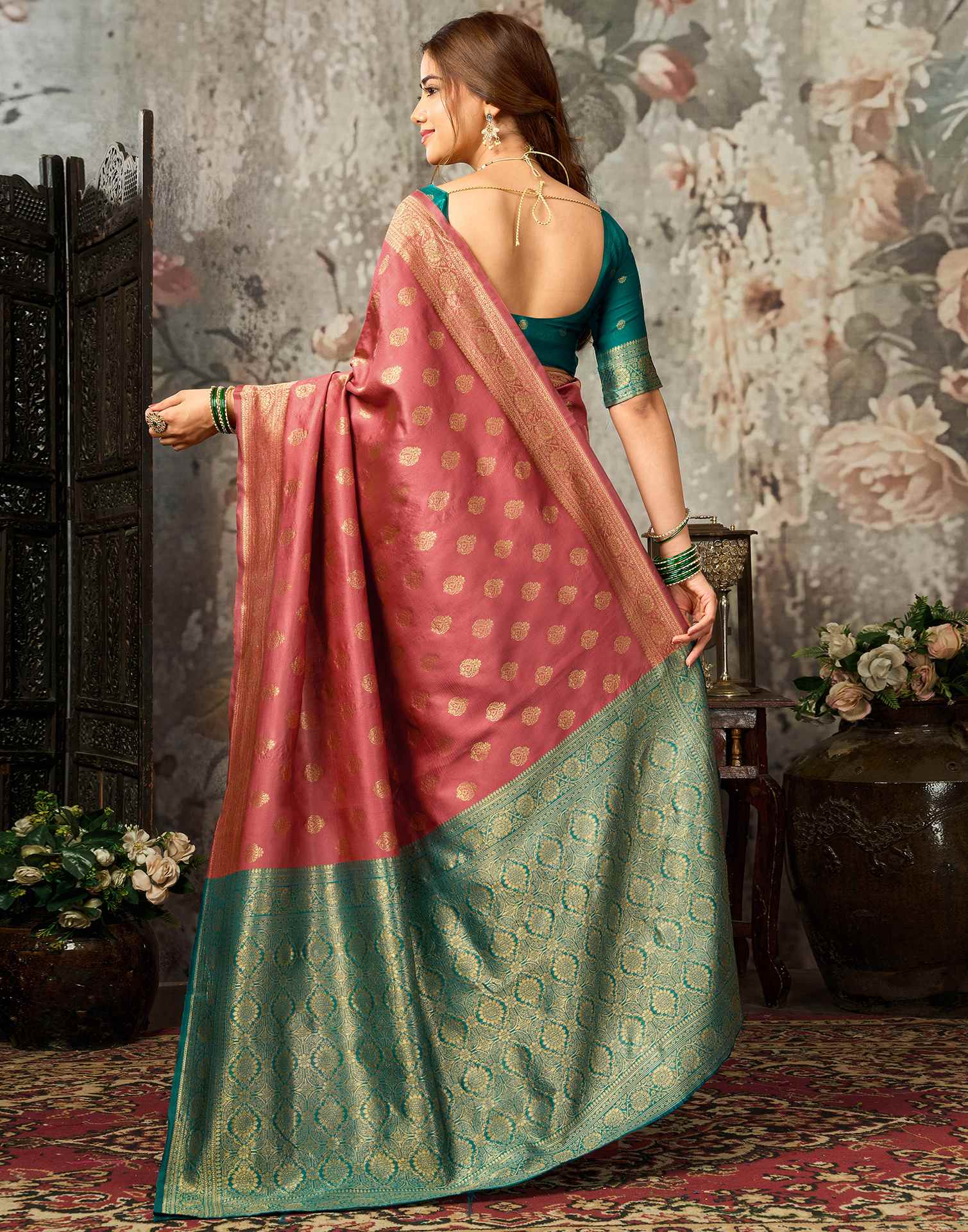 Dark Coral Peach Silk Woven Banarasi Saree