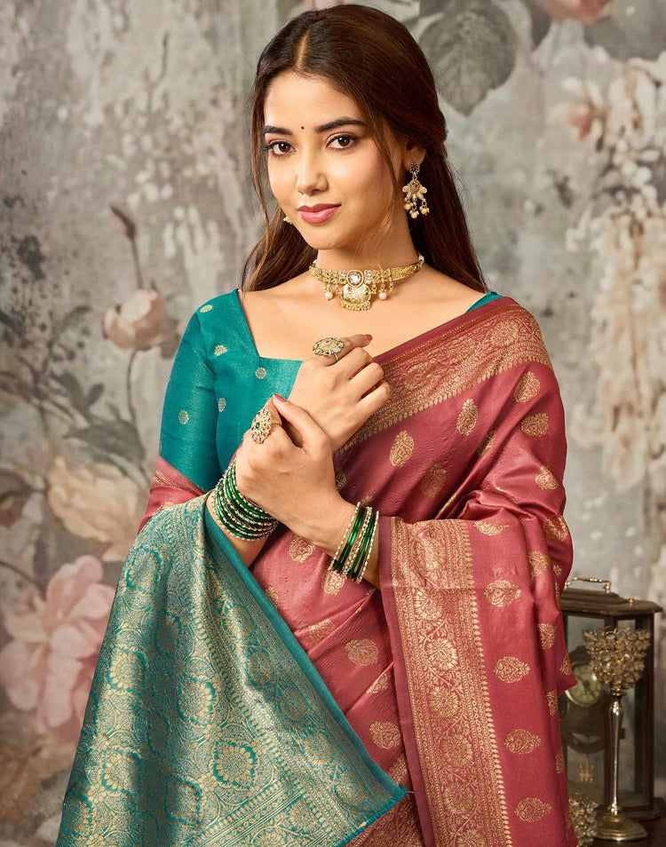 Dark Coral Peach Silk Woven Banarasi Saree