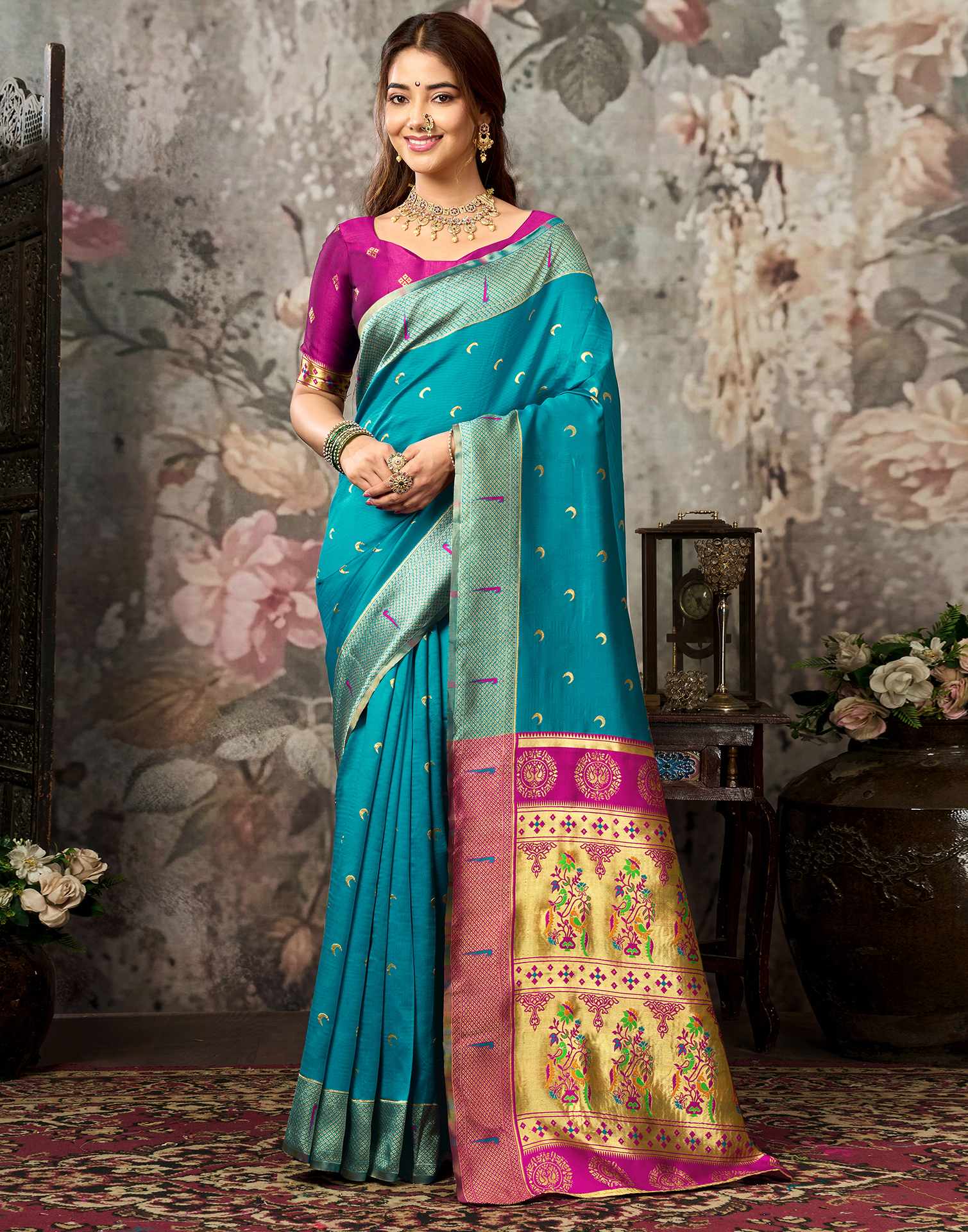 Teal Blue Silk Woven Paithani Saree