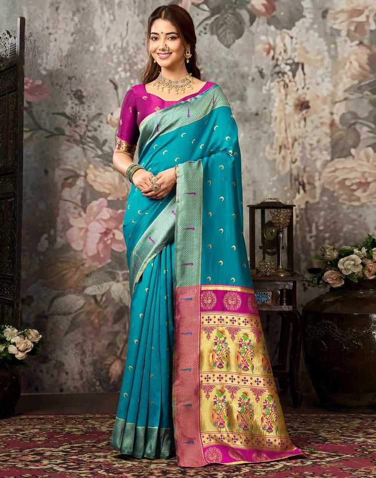 Teal Blue Silk Woven Paithani Saree