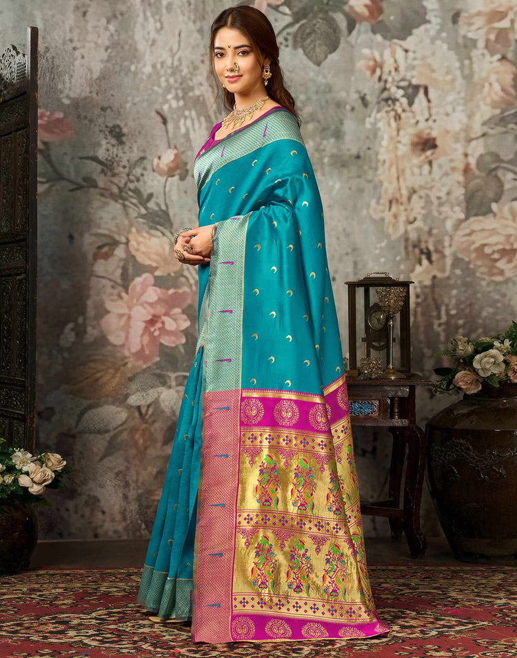 Teal Blue Silk Woven Paithani Saree