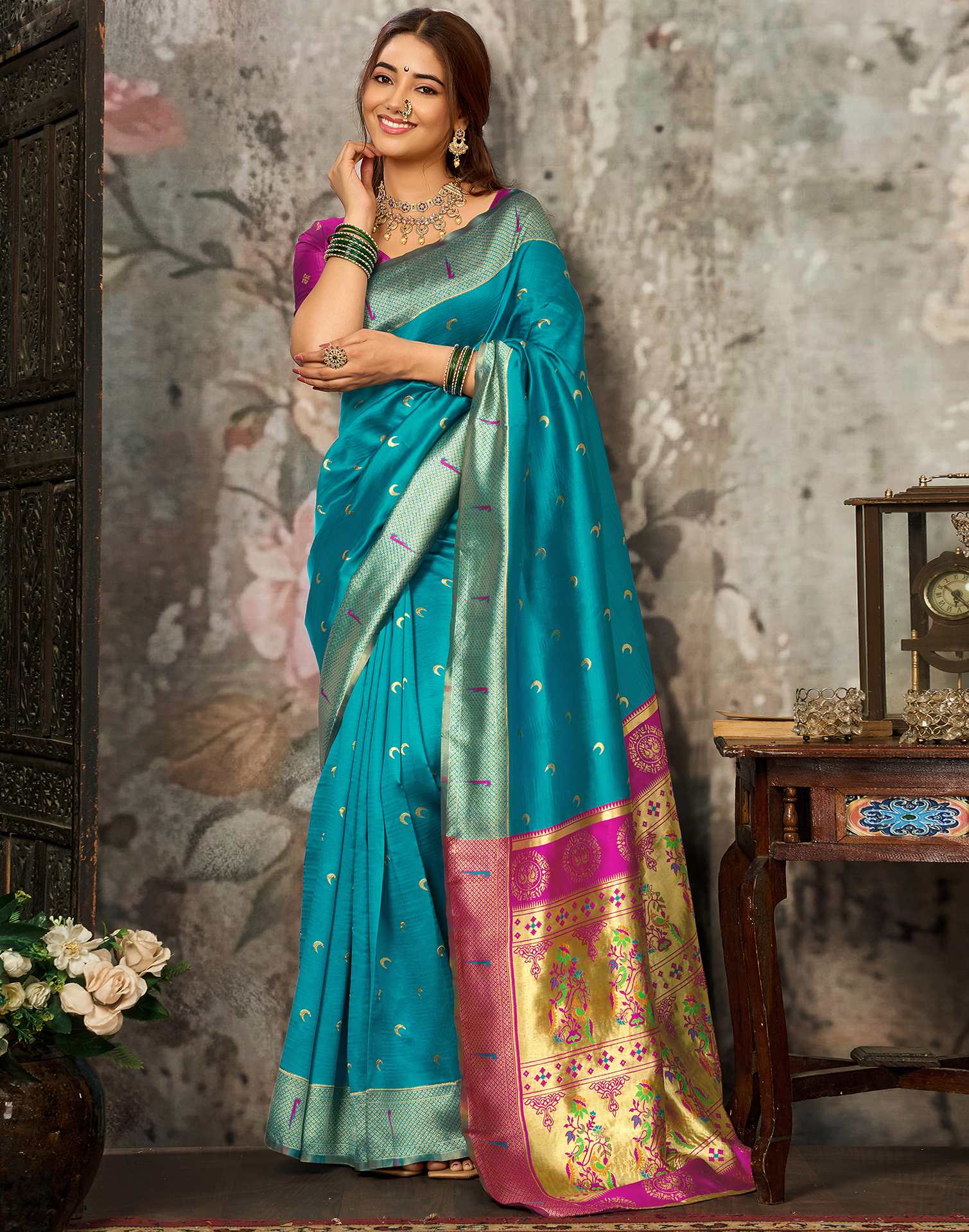 Teal Blue Silk Woven Paithani Saree