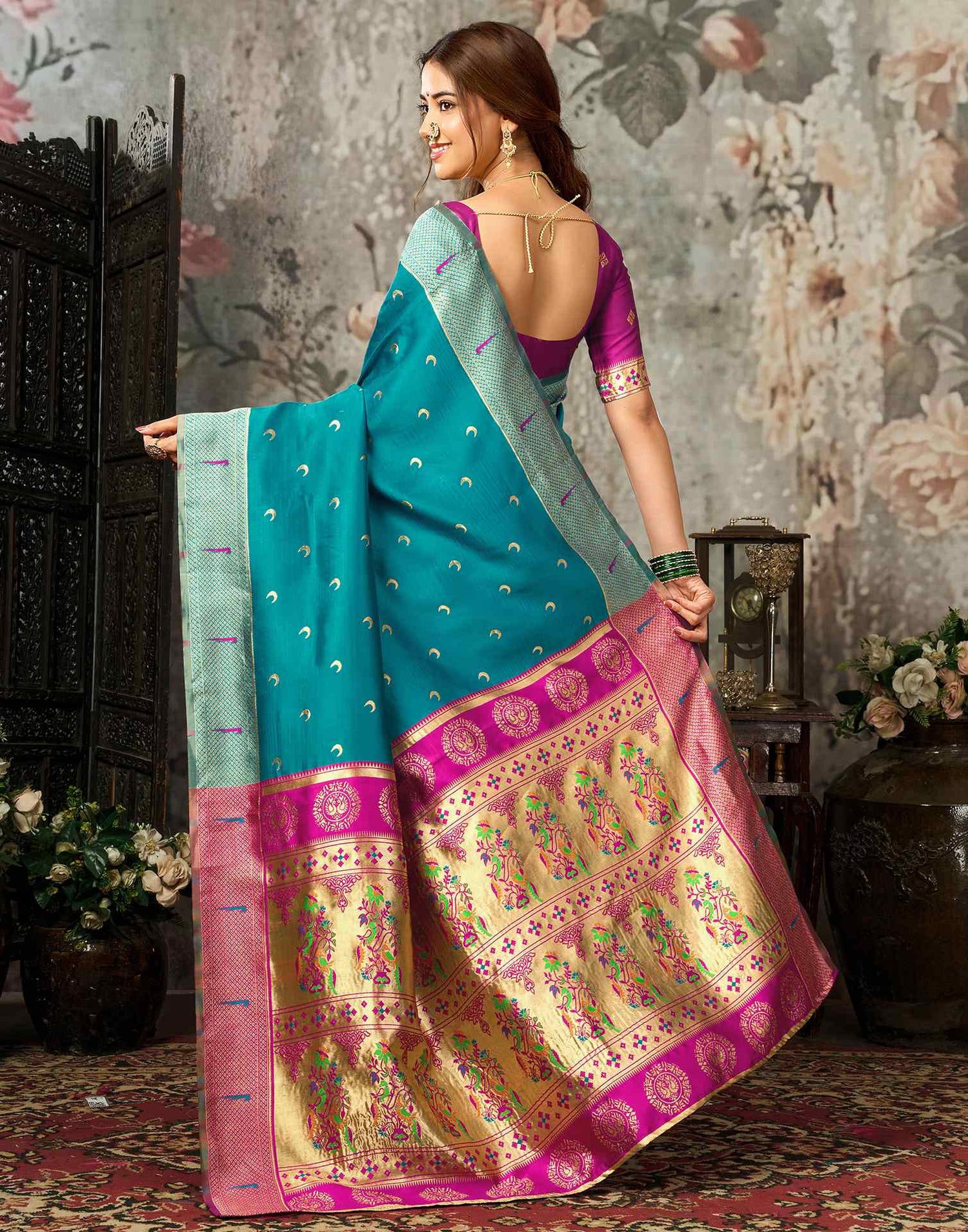 Teal Blue Silk Woven Paithani Saree