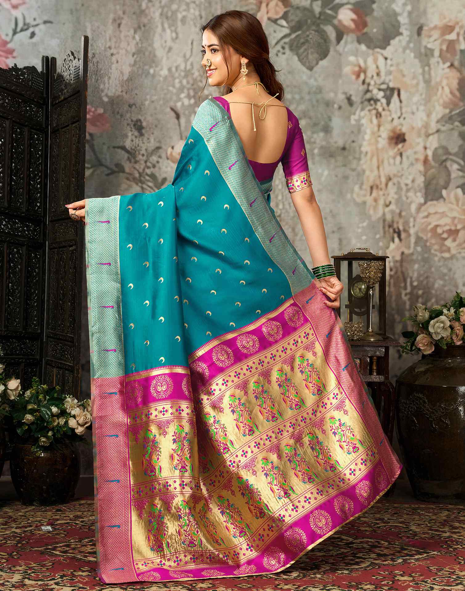 Teal Blue Silk Woven Paithani Saree