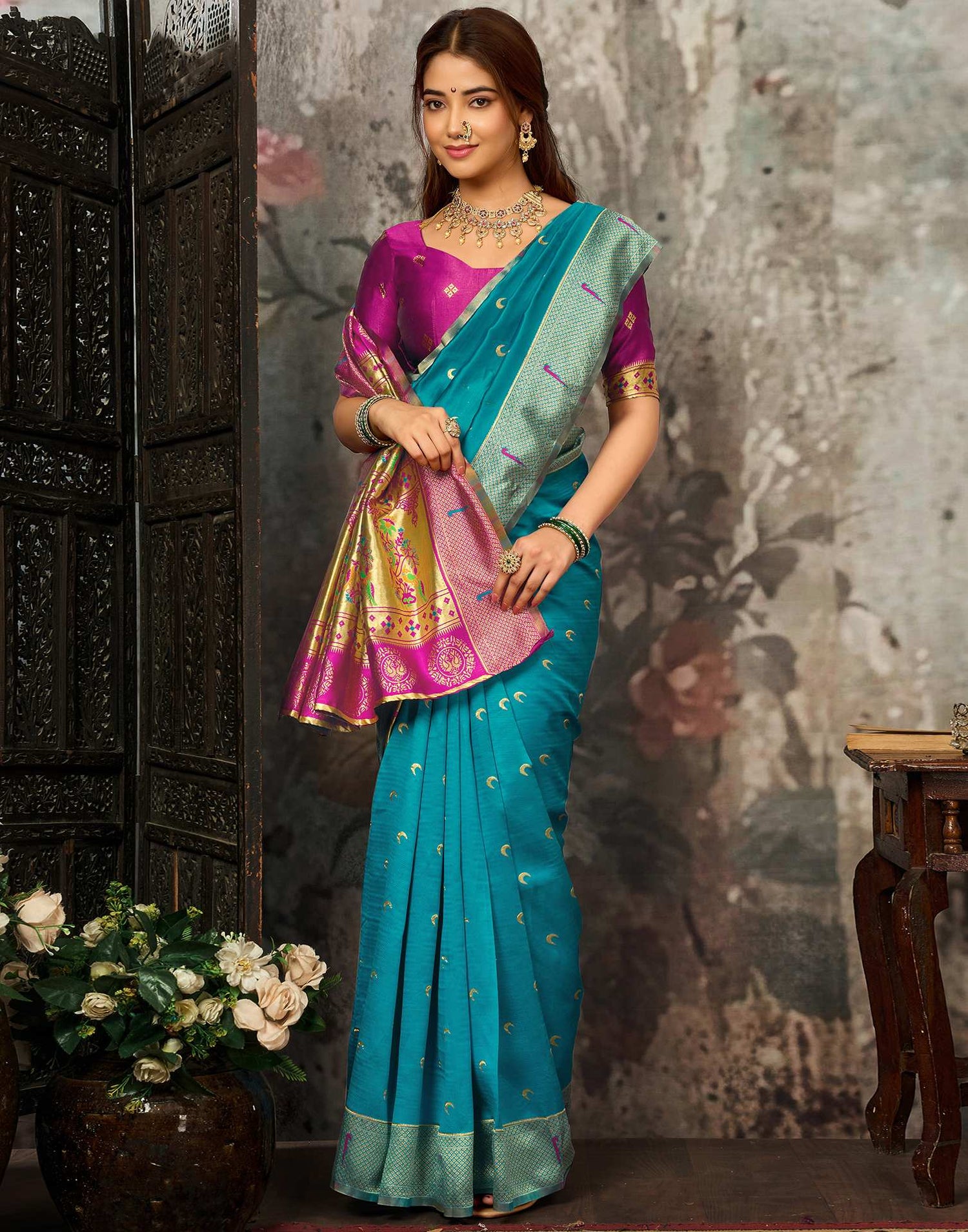 Teal Blue Silk Woven Paithani Saree