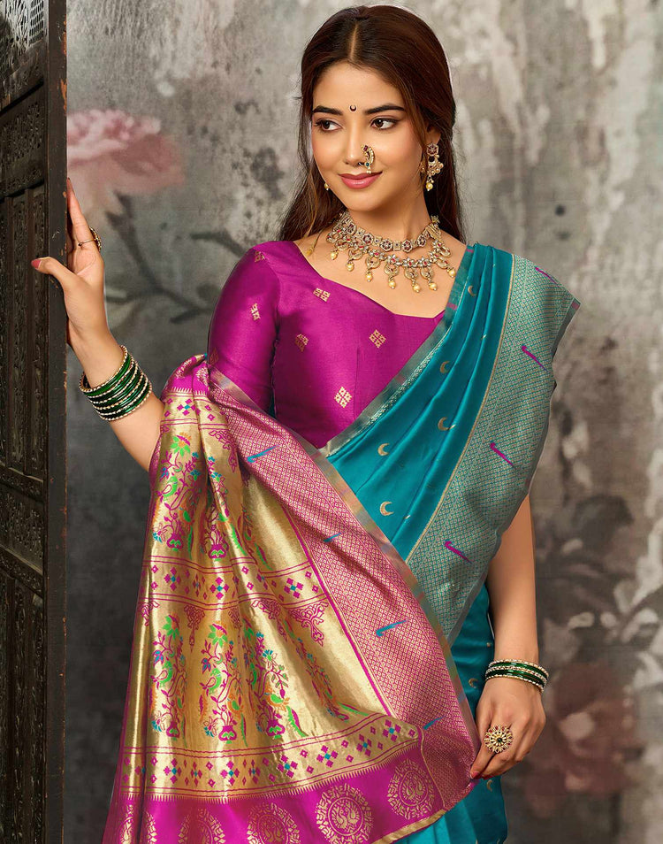 Teal Blue Silk Woven Paithani Saree