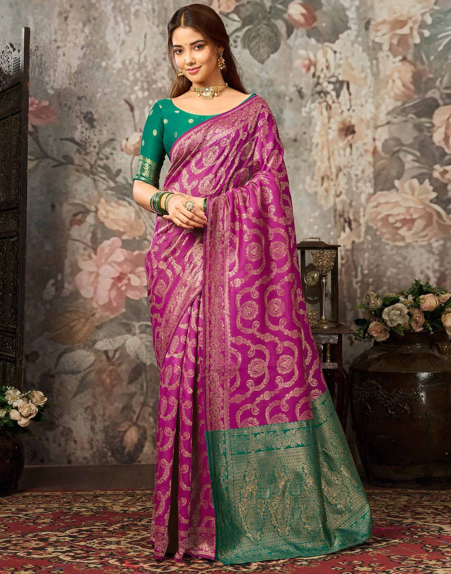 Dark Pink Silk Woven Banarasi Saree