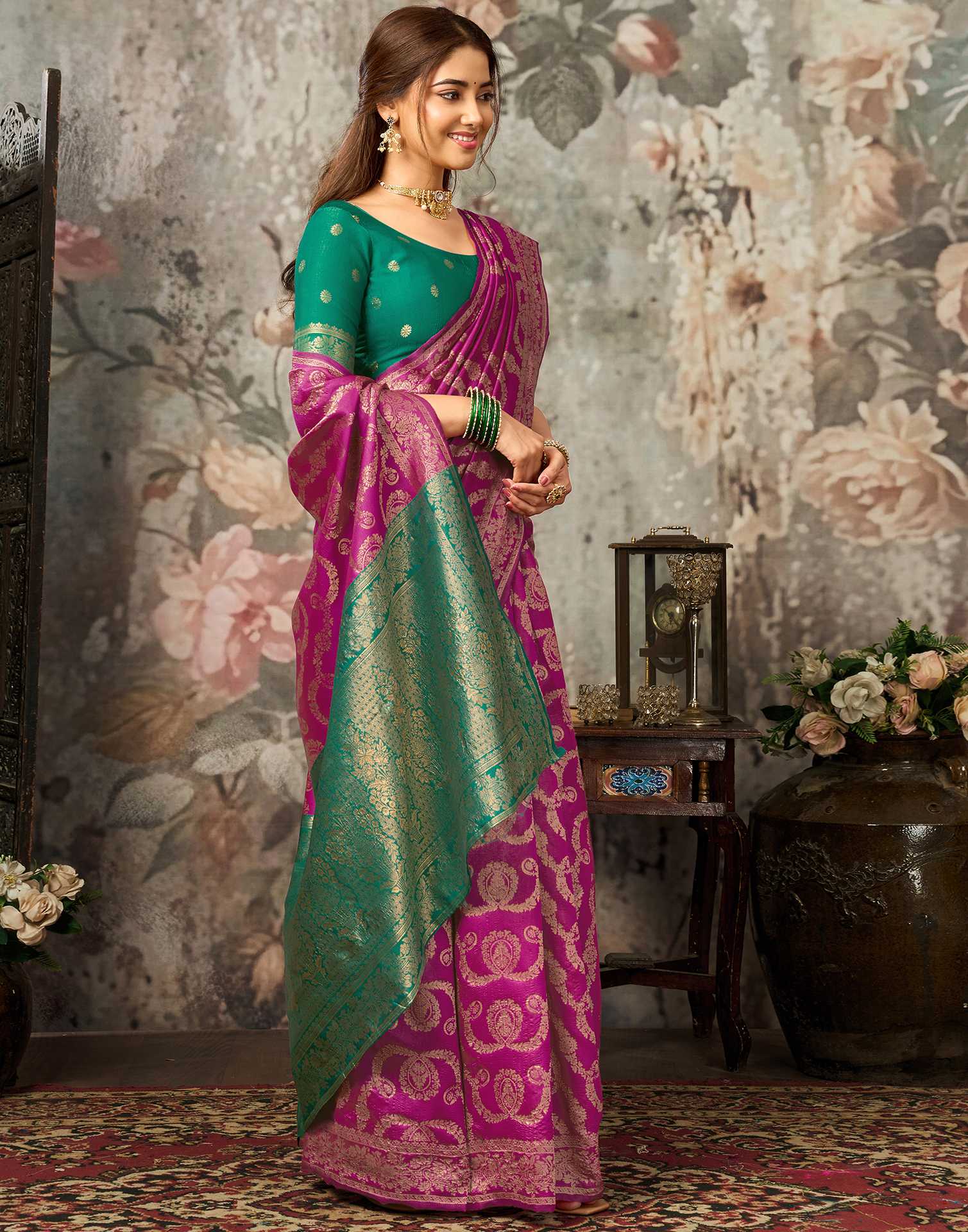 Dark Pink Silk Woven Banarasi Saree