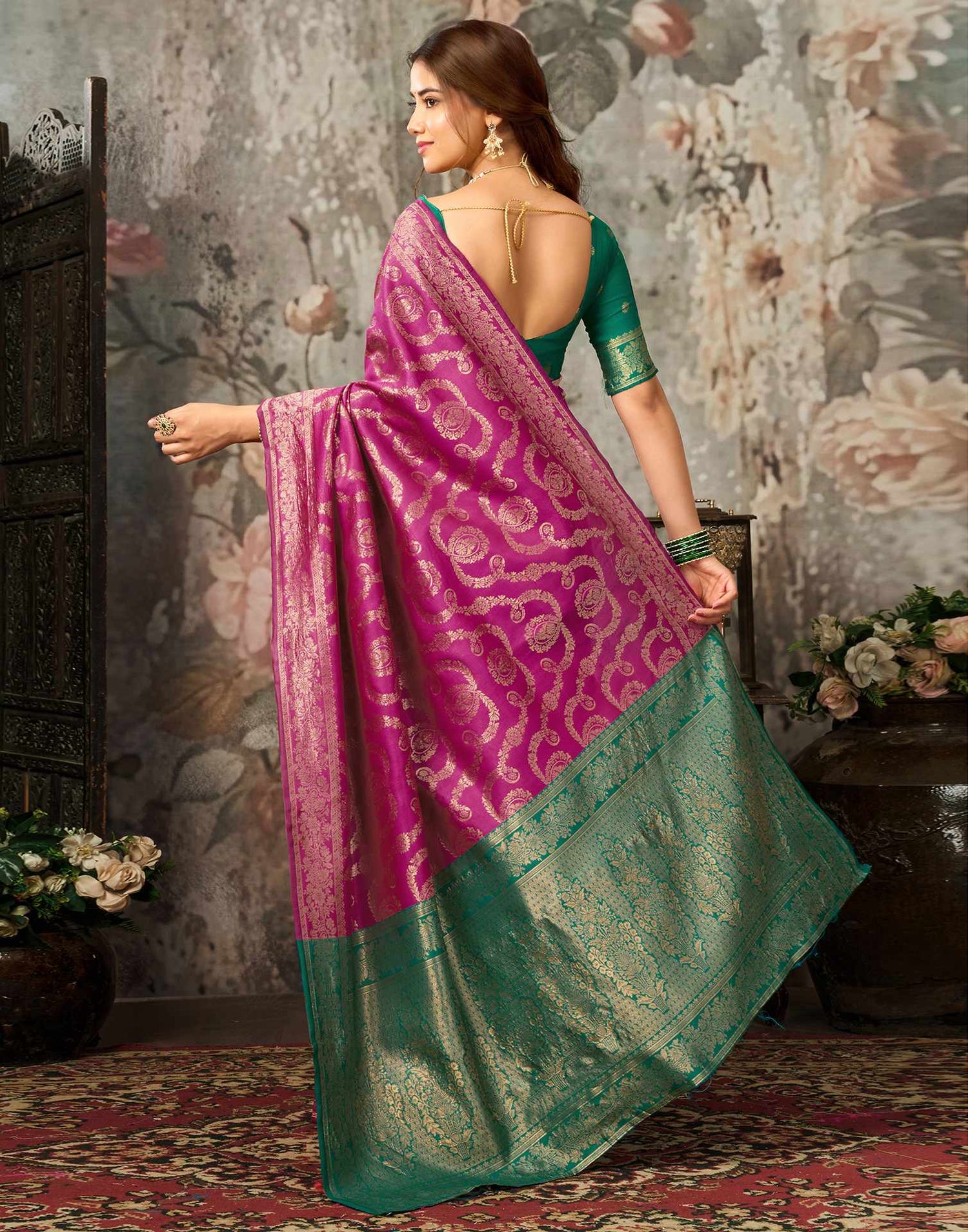 Dark Pink Silk Woven Banarasi Saree