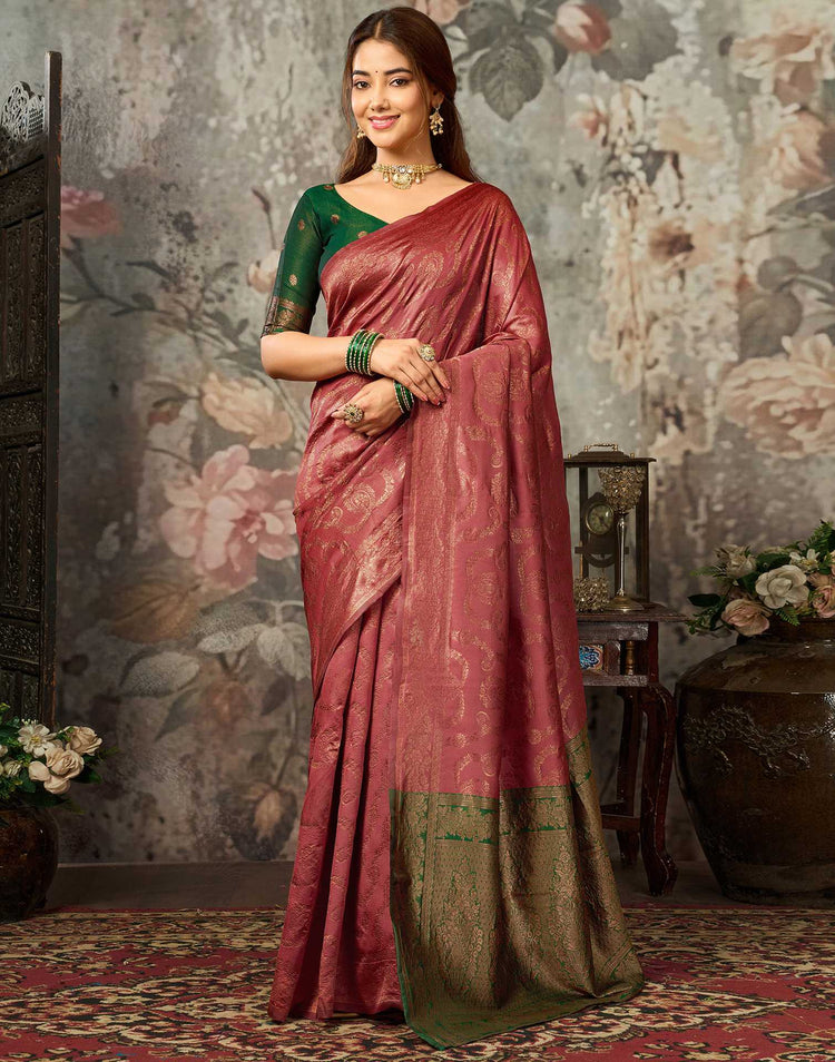 Dark Coral Peach Silk Woven Banarasi Saree