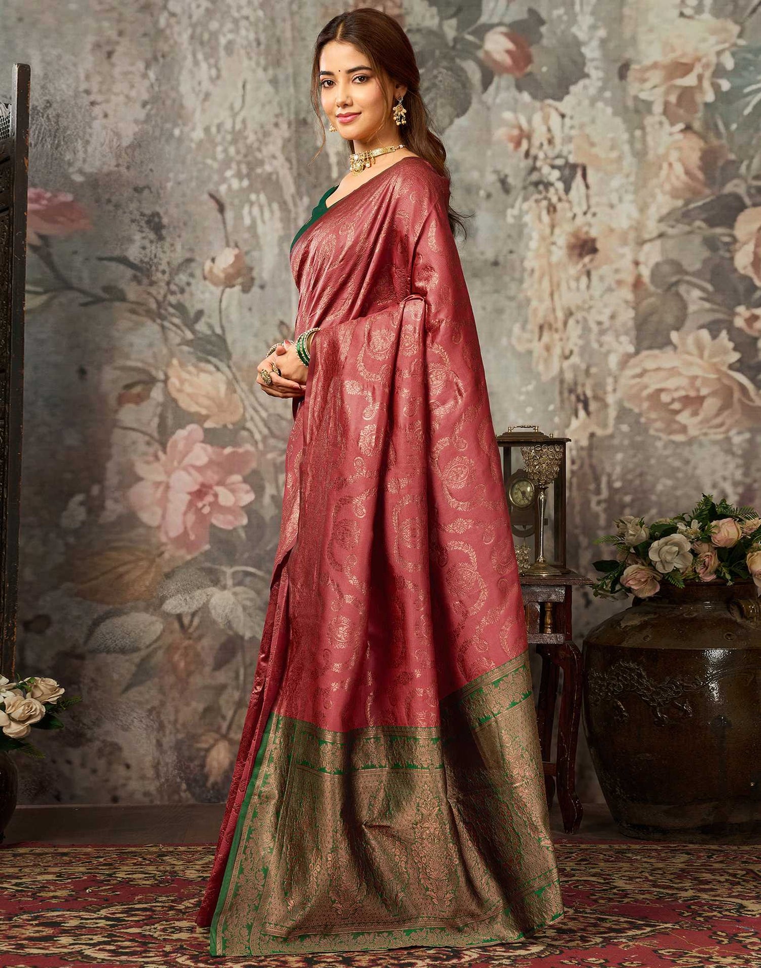 Dark Coral Peach Silk Woven Banarasi Saree