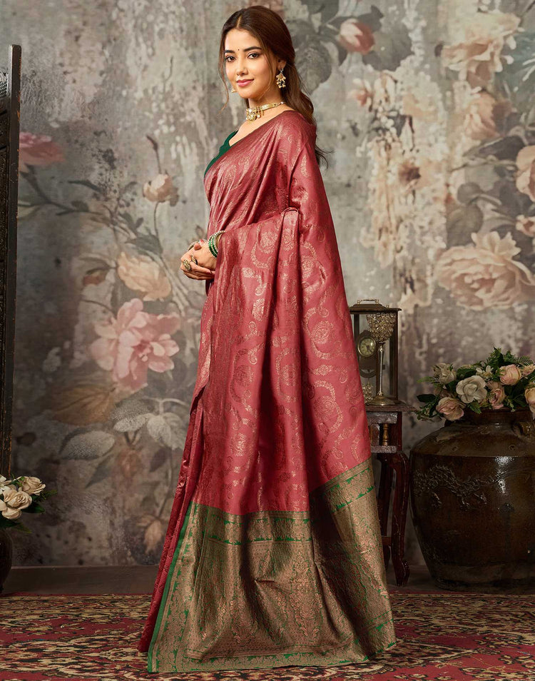 Dark Coral Peach Silk Woven Banarasi Saree