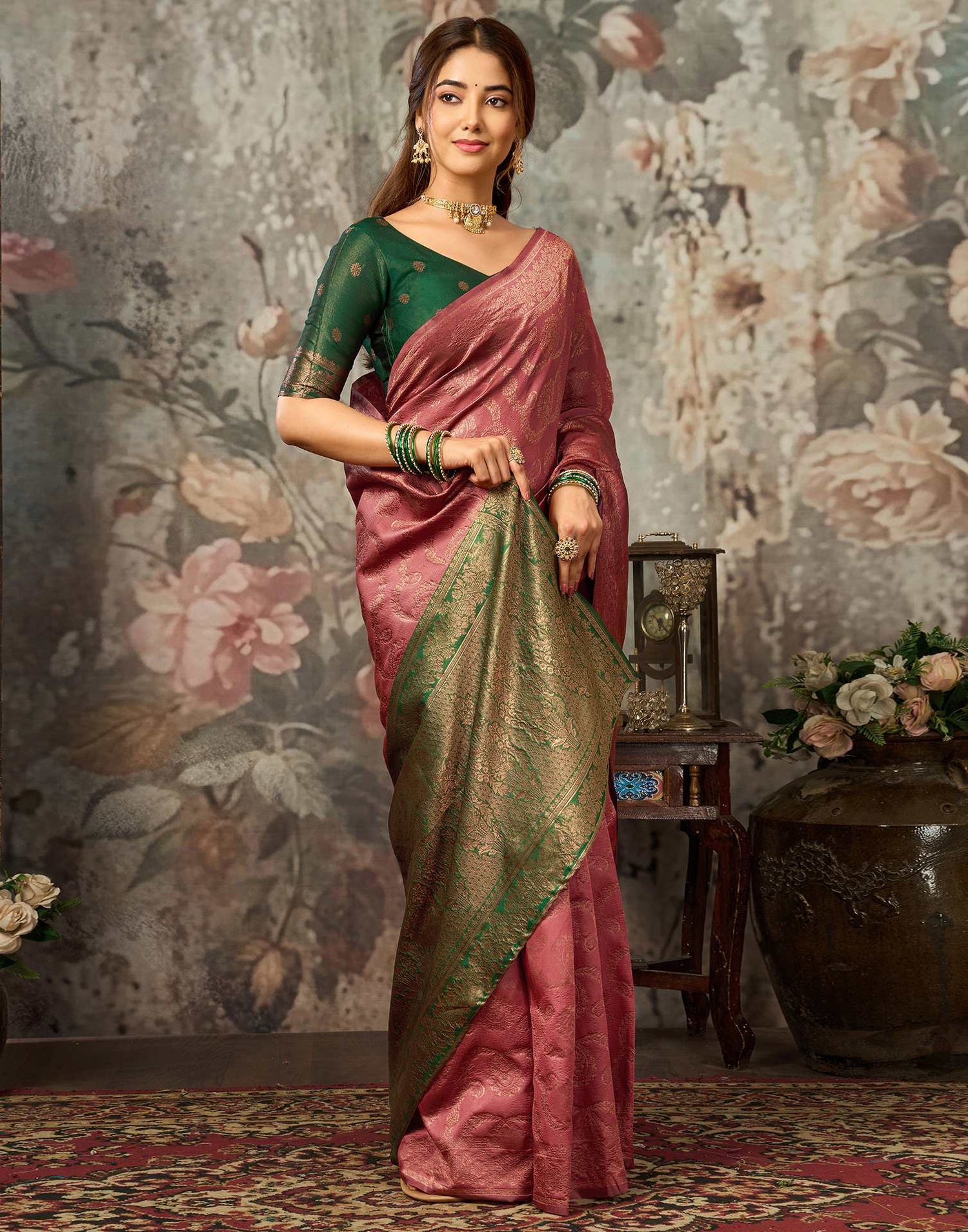 Dark Coral Peach Silk Woven Banarasi Saree
