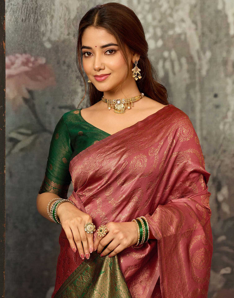 Dark Coral Peach Silk Woven Banarasi Saree