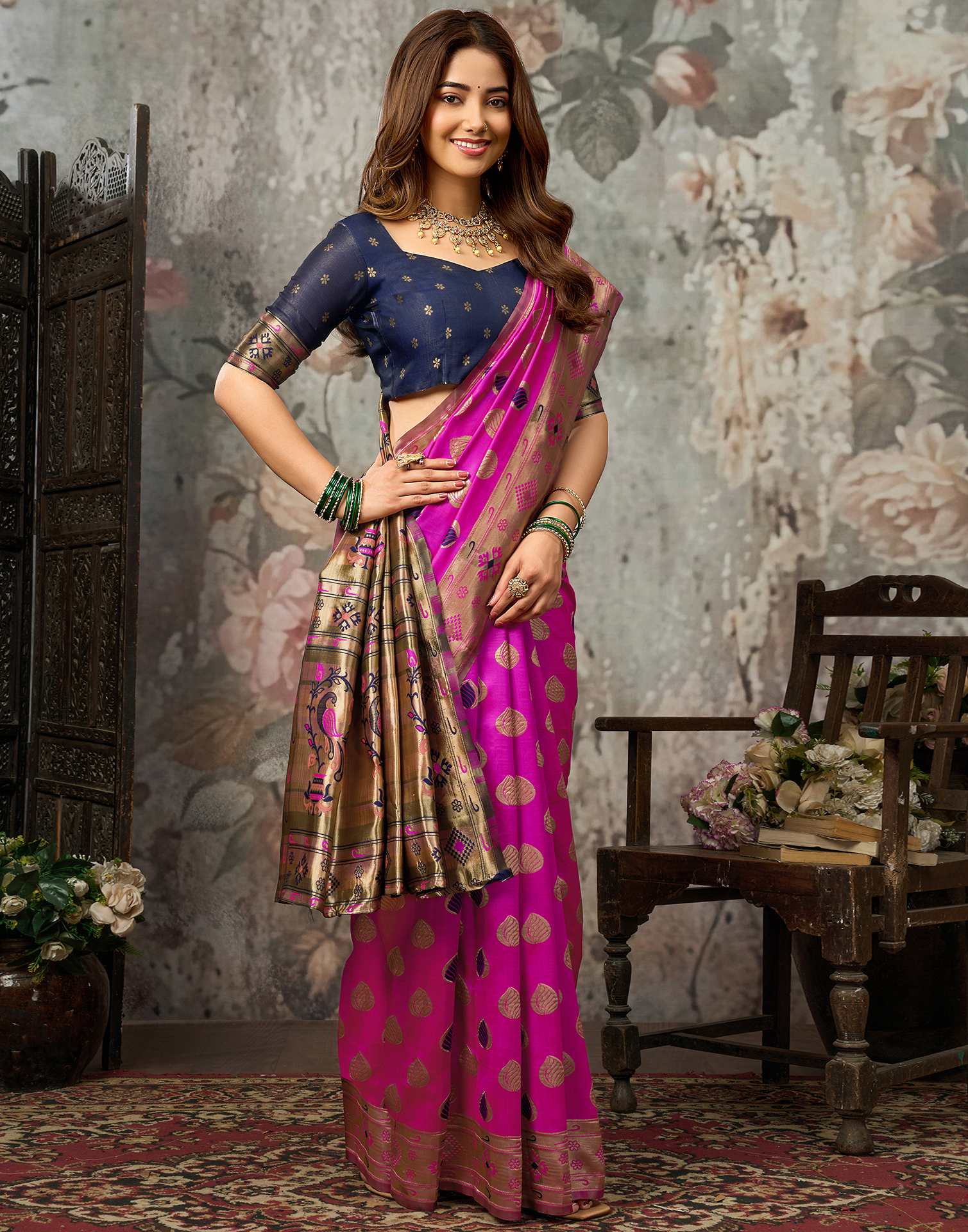 Magenta Silk Woven Banarasi Saree