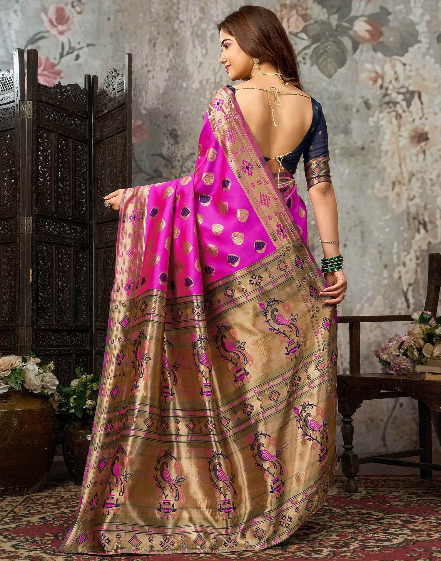 Magenta Silk Woven Banarasi Saree
