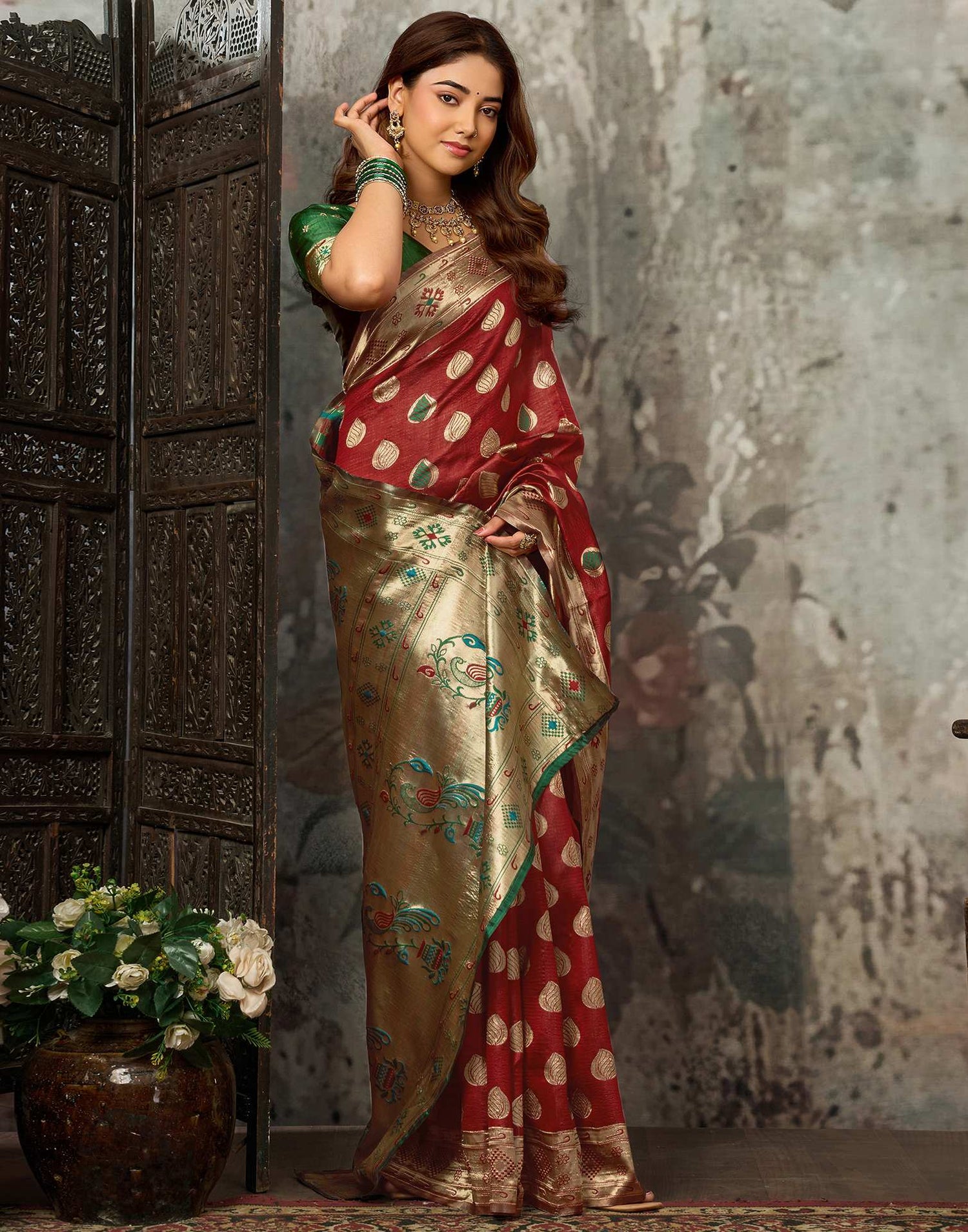 Maroon Silk Woven Banarasi Saree