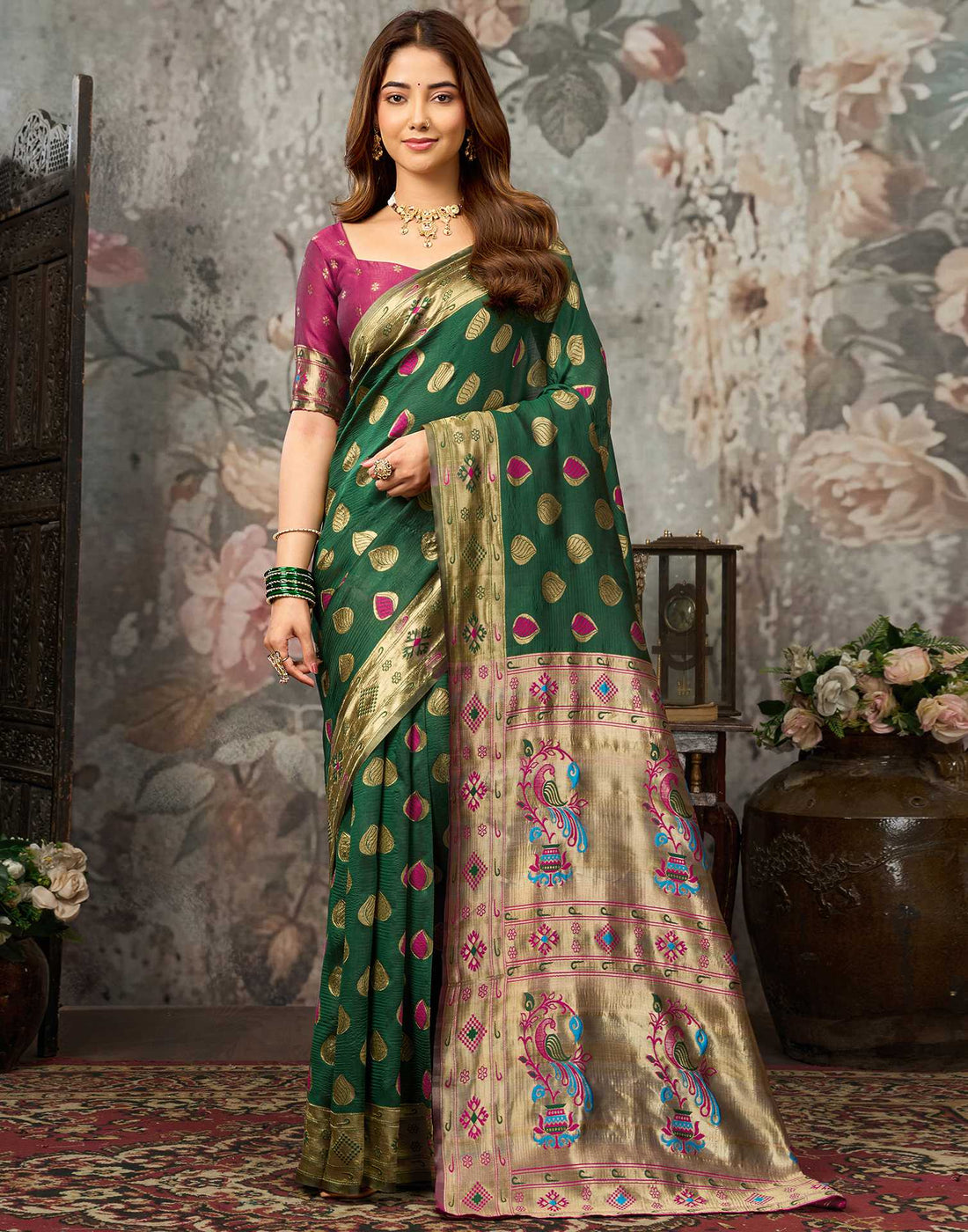 Dark Green Silk Woven Banarasi Saree