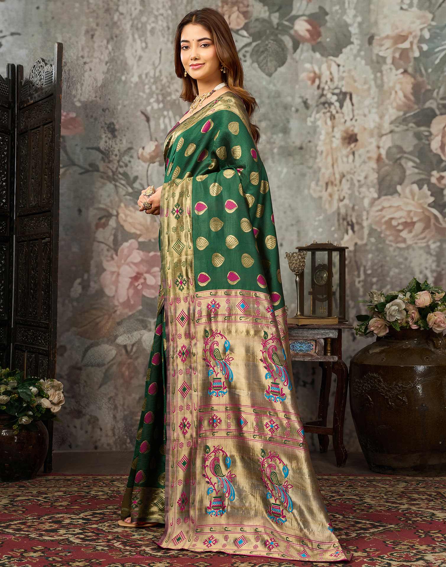 Dark Green Silk Woven Banarasi Saree