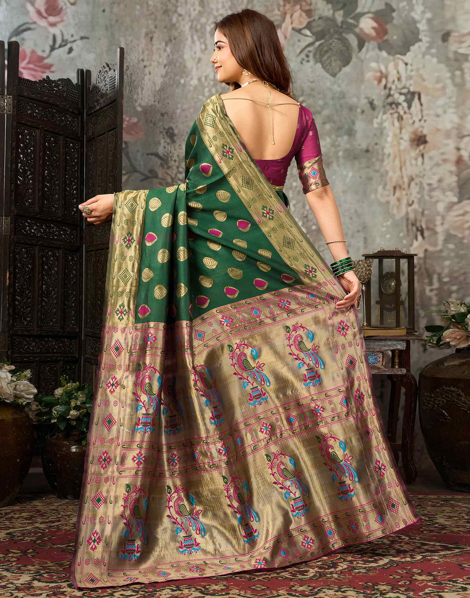 Dark Green Silk Woven Banarasi Saree
