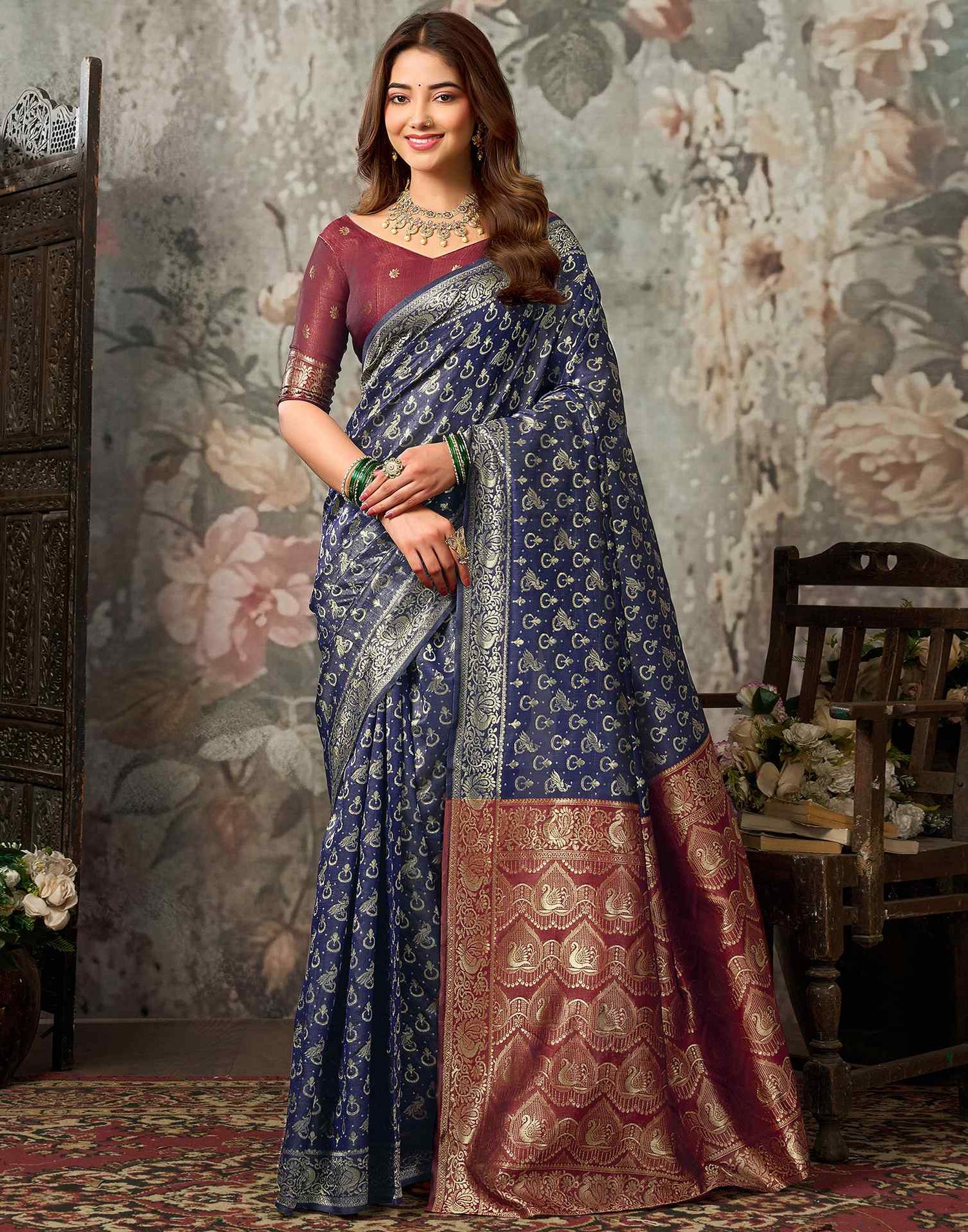 Navy Blue Silk Woven Banarasi Saree