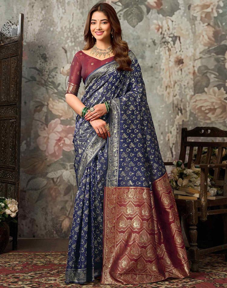 Navy Blue Silk Woven Banarasi Saree