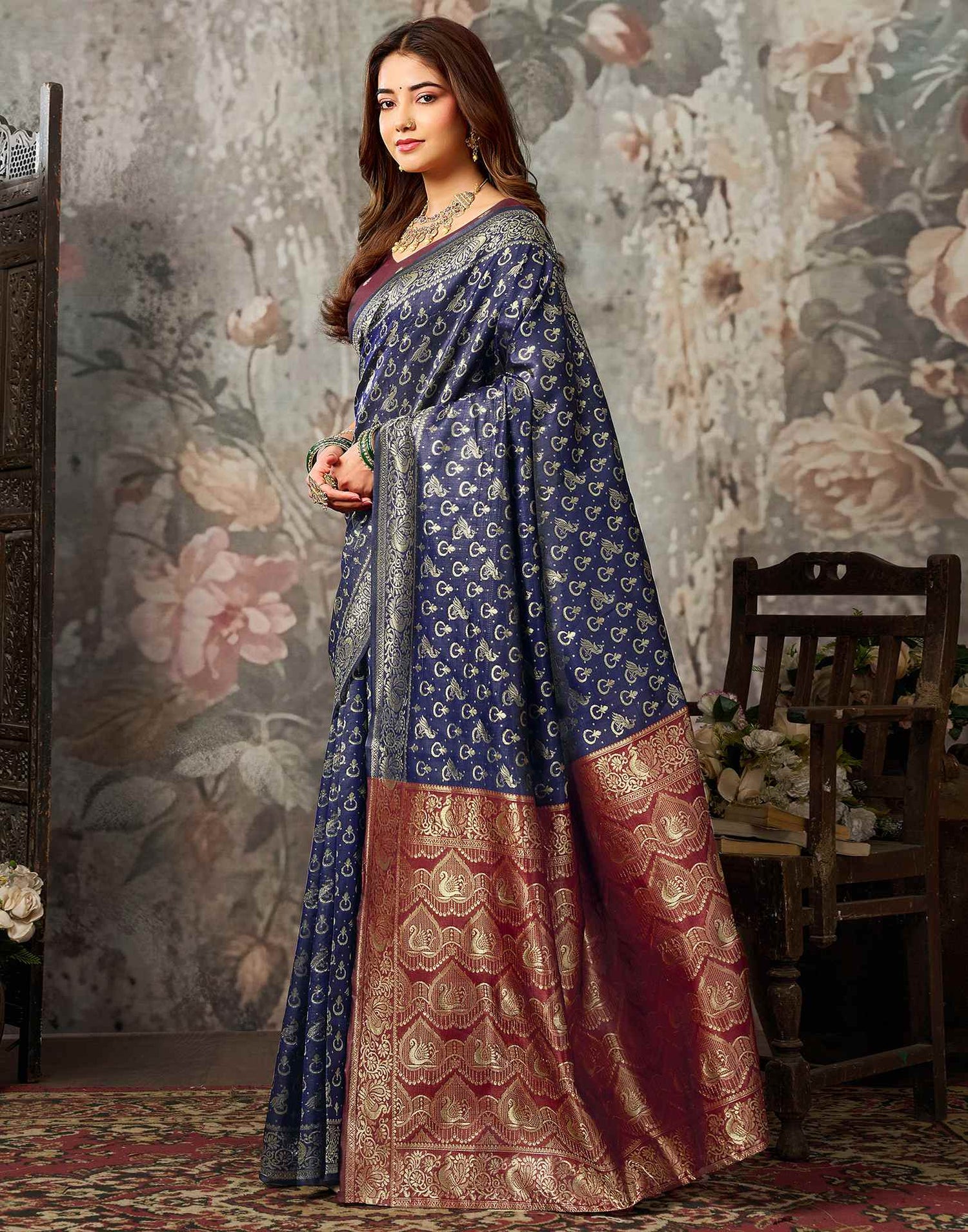 Navy Blue Silk Woven Banarasi Saree
