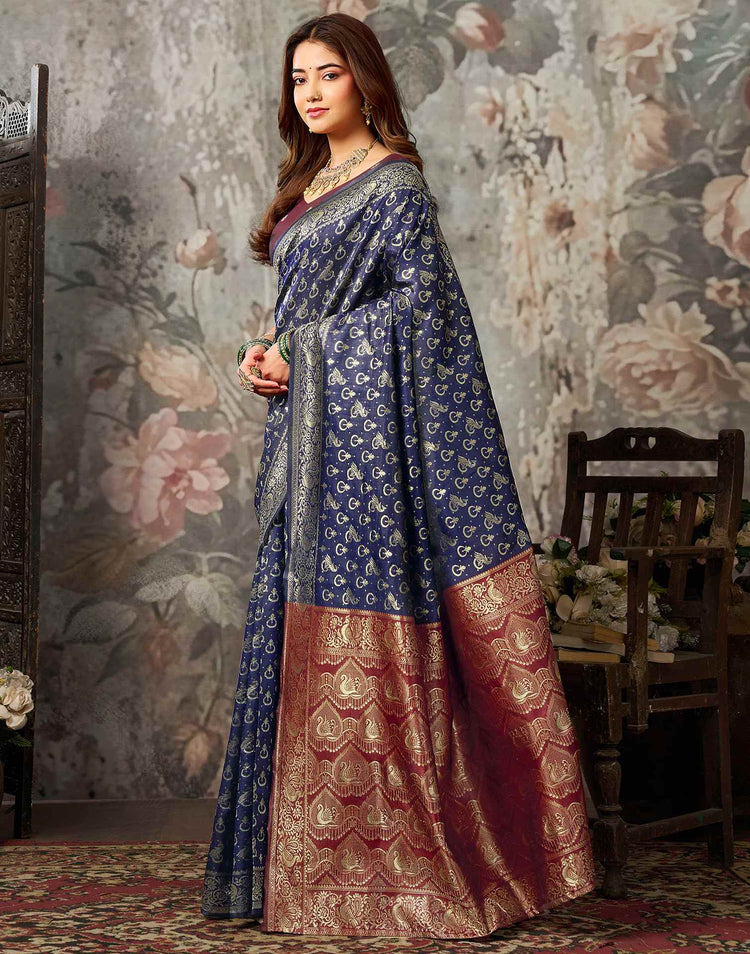Navy Blue Silk Woven Banarasi Saree
