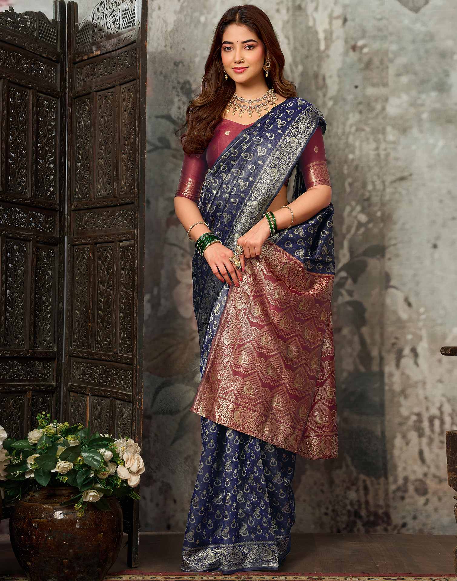 Navy Blue Silk Woven Banarasi Saree