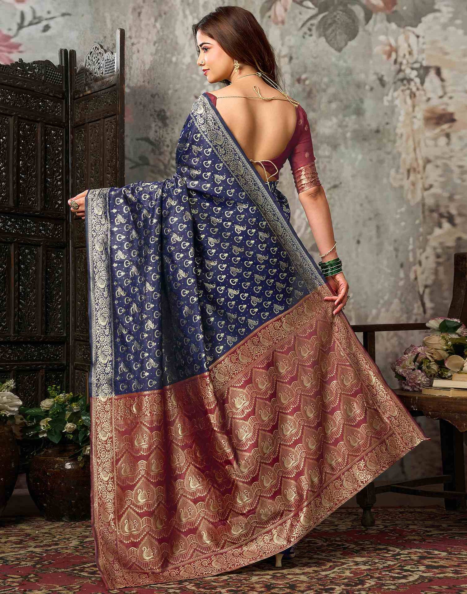 Navy Blue Silk Woven Banarasi Saree