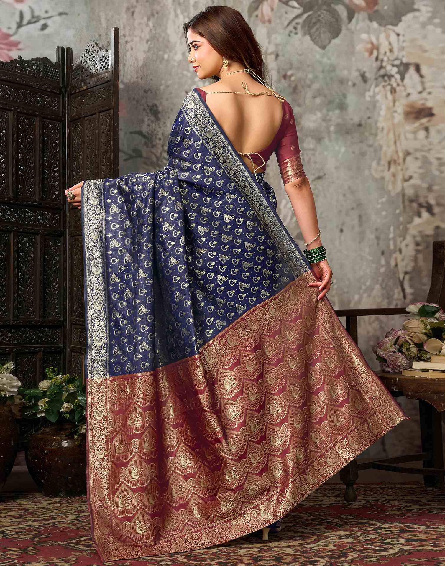Navy Blue Silk Woven Banarasi Saree