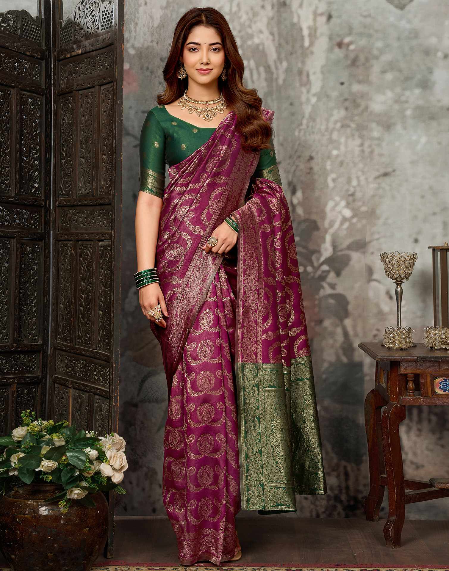 Magenta Silk Woven Banarasi Saree