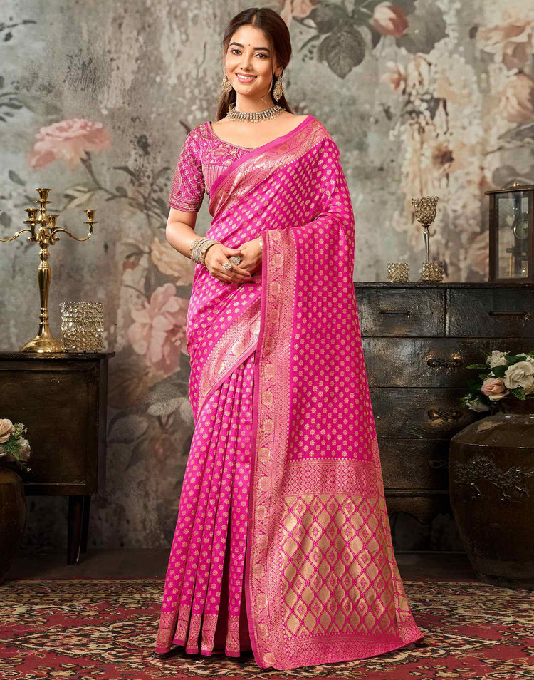 Rani Pink Silk Woven Banarasi Saree With stitched Blouse