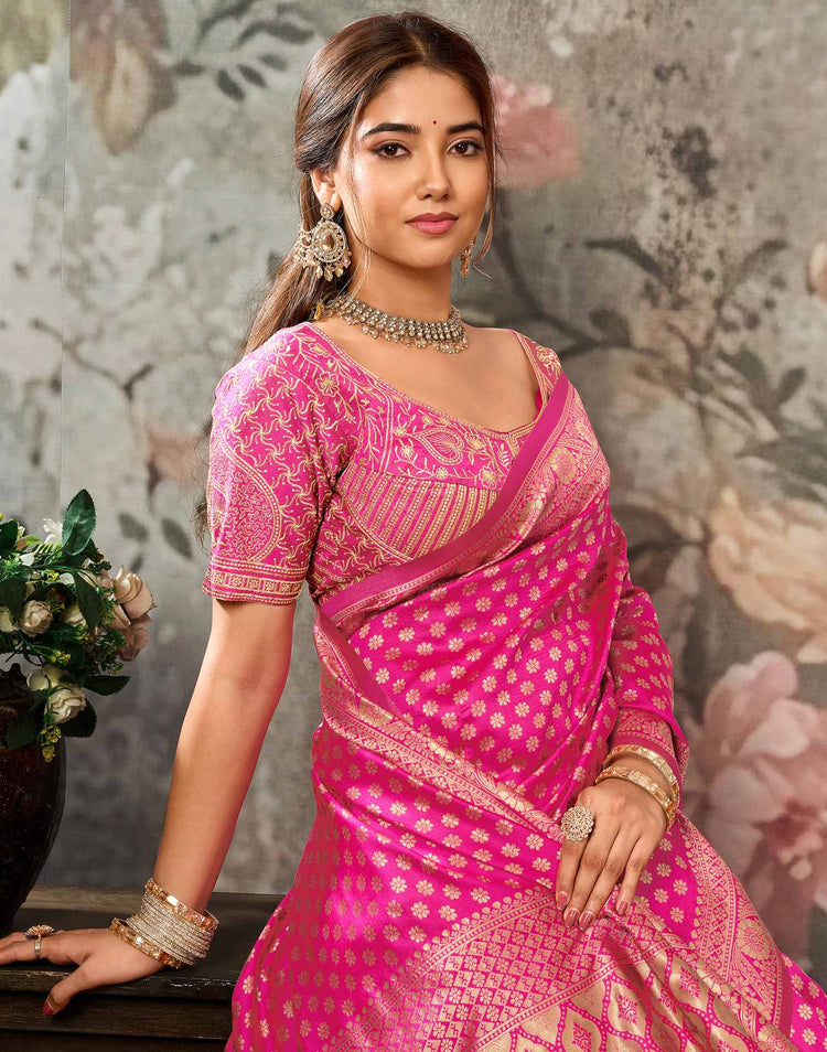 Rani Pink Silk Woven Banarasi Saree With stitched Blouse