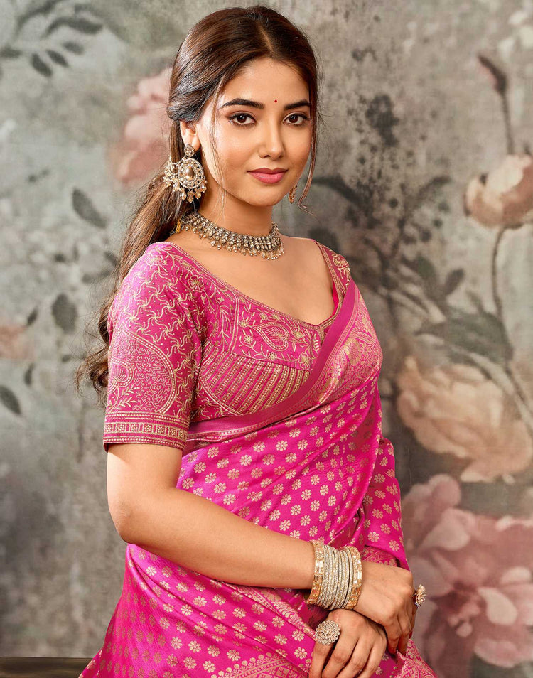 Rani Pink Silk Woven Banarasi Saree With stitched Blouse