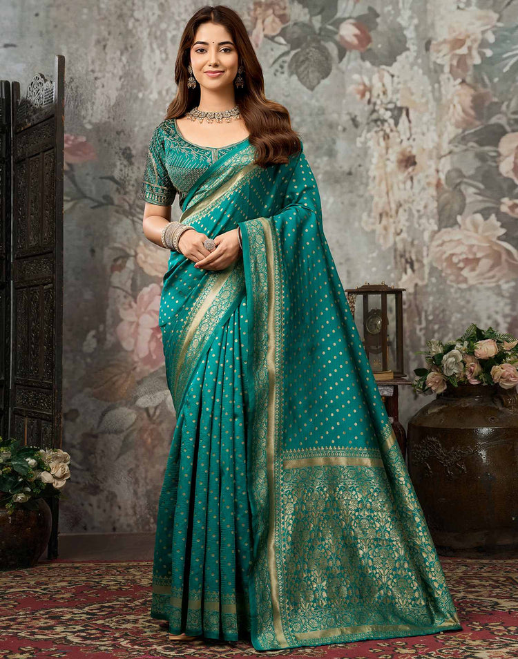 Teal Green Silk Woven Banarasi Saree With stitched Blouse